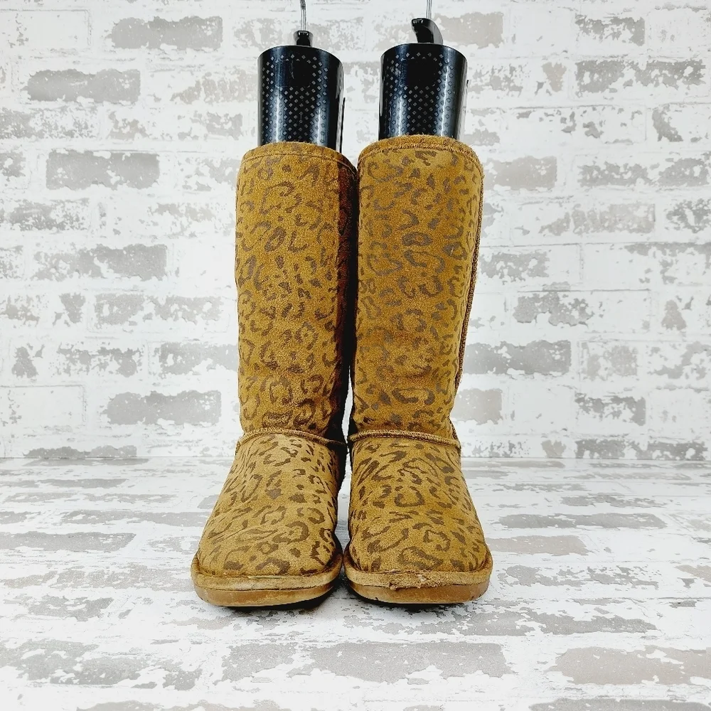 BearPaw Brown Tan Leather Leopard Print Slip On Winter Casual Boots T30